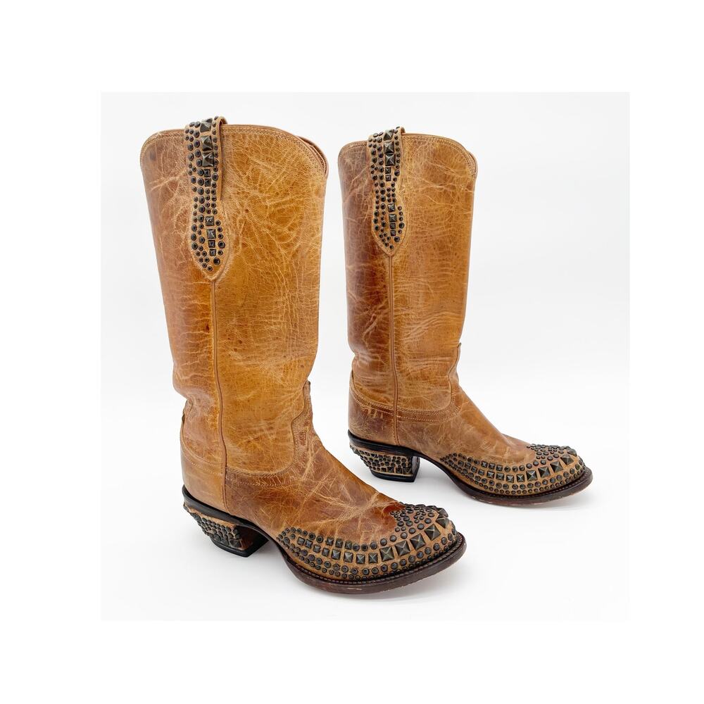 Lucchese Tan Studded Leather Heeled Cowboy Boots
